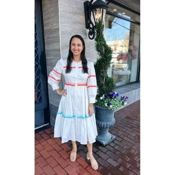 Marie By Victoria Dunn Amelie White Cotton Provence Long Sleeves Midi Dress XS - Picture 1 of 14